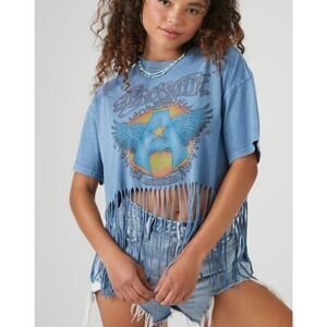 Goodie Two Sleeves Aerosmith Fringe Graphic Tee Blue Cropped NWT Medium
